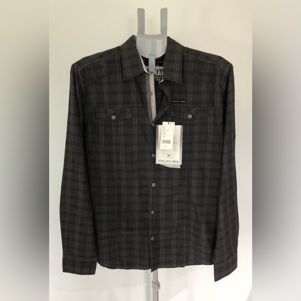 Projek Raw Men’s Dress Shirt Gray and Black Plaid Size Large New with Tags